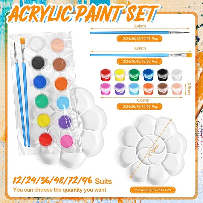 Fulmoon 48 Set Acrylic Paint Kits for Kids Adults Washable Mini Painting Kit Arts Crafts Party Favors Filled Strips Brushes Palettes Bulk for Classroom Home Kit Supplies (Vivid Color)