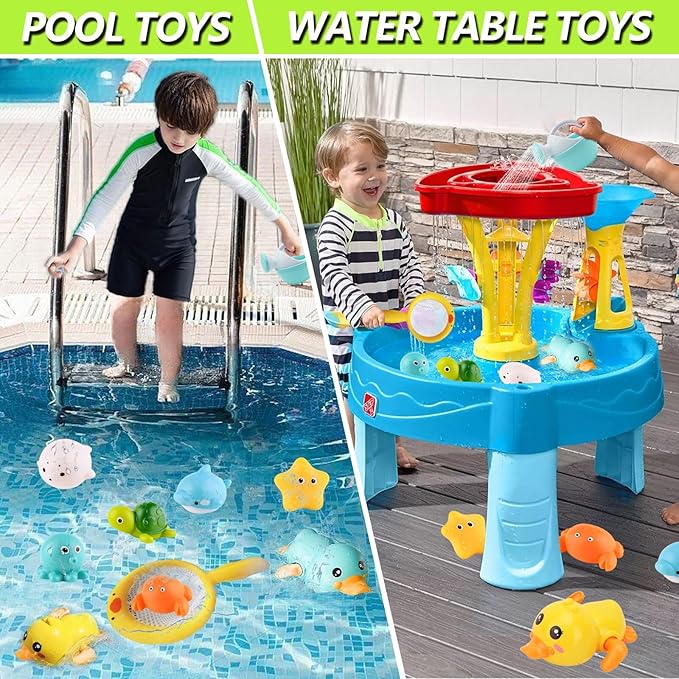 Bath Toys for Babies 6-12 Months+, Wind-up Ducks Bath Toys for Kids Ages 1-3, No Hole Ocean Animal Floating Pool Toys, Watering Can Fishing Net Water Toys for Toddlers