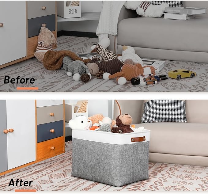 DULLEMELO Large Storage Baskets, Fabric Storage Basket with Leather Handles for Shelves Closet Nursery Toy Storage, Collapsible Fabric Baskets for Toy Book Magazine Towel Organizers(White&Gray)