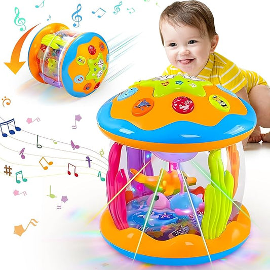 Baby Toys 6 to 12 Months - Musical Rotating Light Up Infant Toys, Early Learning Toys Baby Crawling Drum Toy, Tummy Time Educational Sensory Baby Girl Gifts for Toddlers 1 2 3 Years Old