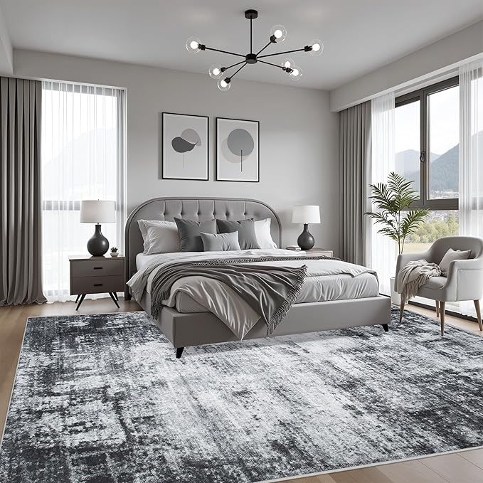 9x12 Area Rug Living Room Rug: Washable Modern Abstract Soft Thin Rug Indoor Floor No Slip Stain Resistant Carpet for Bedroom Dining Room Farmhouse Nursery Home Office - Dark Black