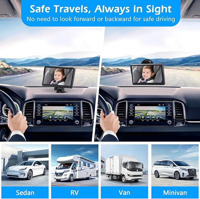 7" Baby Car Camera, FHD IR Night Vision Baby Car Mirror - IPS Display Rear Facing Monitor with 178° Wide Angle, Safe Driving for New Parents, Infants, Kids & Toddlers