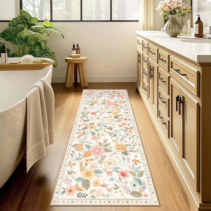Floral 2x10 Area Rug Machine Washable Soft Print Boho Carpet Non Slip Doormat Low Pile Flower Area Rugs for Living Room Bedroom Nursery Kitchen Dining Room Indoor-Beige/White/Orange