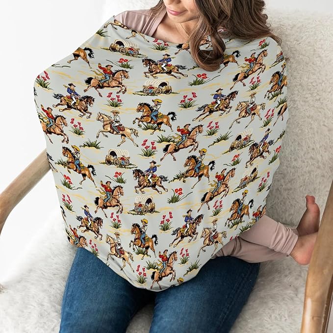 Vintage Cowboy Floral Car Seat Cover for Baby Western Cowboy Horse Stretchy 5-in-1 Covers Adjustable Car Canopy Cover Wild West Desert Breathable Nursing Cover-Up