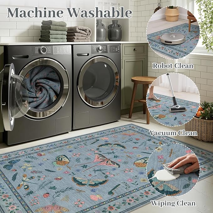 5x7 Washable Area Rug with Insect Print - Bug Rug Non-Shedding Stain Resistant Soft Carpet for Bedroom, Low Pile Ultra-Thin Machine Washable Carpet for Dining Room, Kids Nursery, Office (5'x7' Blue)