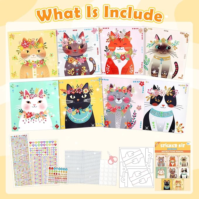 Gem Art Sticker Kit, Arts and Crafts for Kids Age 4-12, 8 Unicorn Princess Themes Diamond Art Kit, Gemstone Sticker Crafts Christmas Birthday Gifts for Girls Ages 4,5,6,7,8 Year Old (Yellow-Cat)