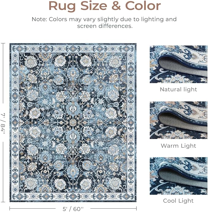 Floral Washable Area Rugs 5x7, Vintage Rug for Living Room, Large Bedroom Carpet, Non Slip Low Pile Ultra Soft Carpets for Indoor Dining Home Nursery Playroom Under Table, Blue Garden
