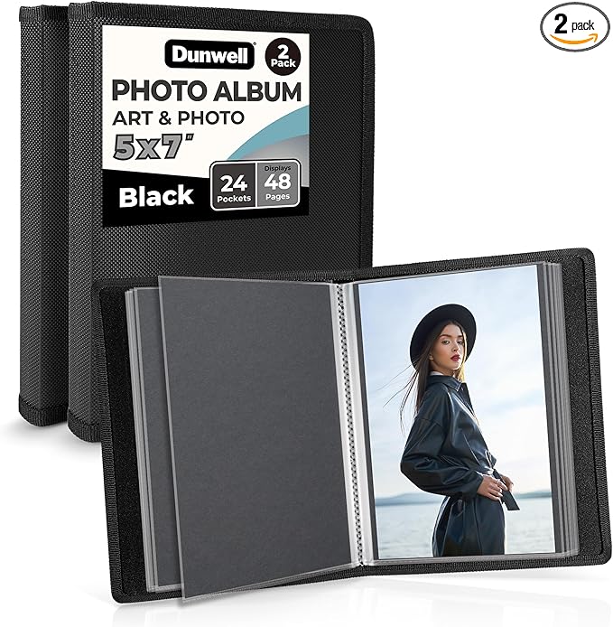 Dunwell Small Photo Album 5x7 (2-Pack, Black), Mounting Paper 5 x 7 Photo & Art Portfolio Presentation Binder, 24 Sleeves Displays 48 Pages, Professional Picture Book for 5x7 Artwork, Postcards