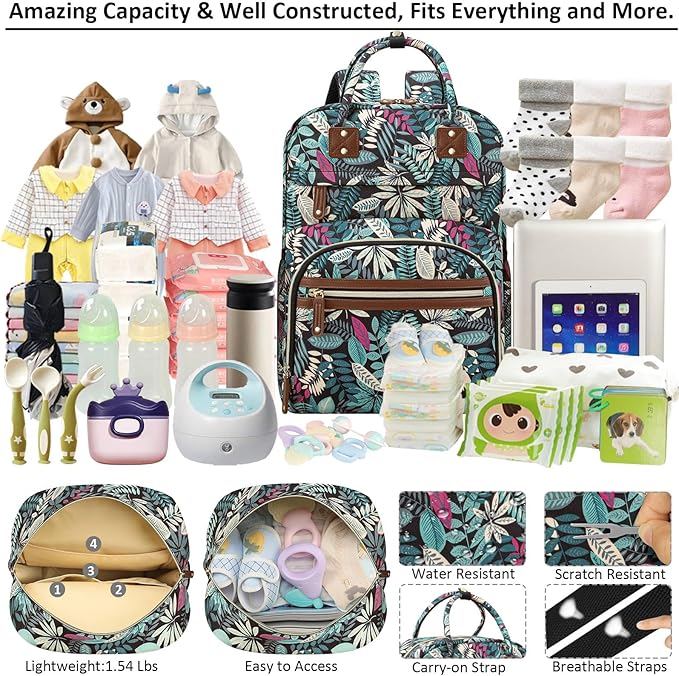 Diaper Bag Backpack Tote for Women Large Capacity, Baby Bag with Insulated Pockets Multifunctional Diaper Bags For Baby Girl Boy Waterproof Baby Bags For Boys Girls Mama Maternity Bag Colorful Leaves