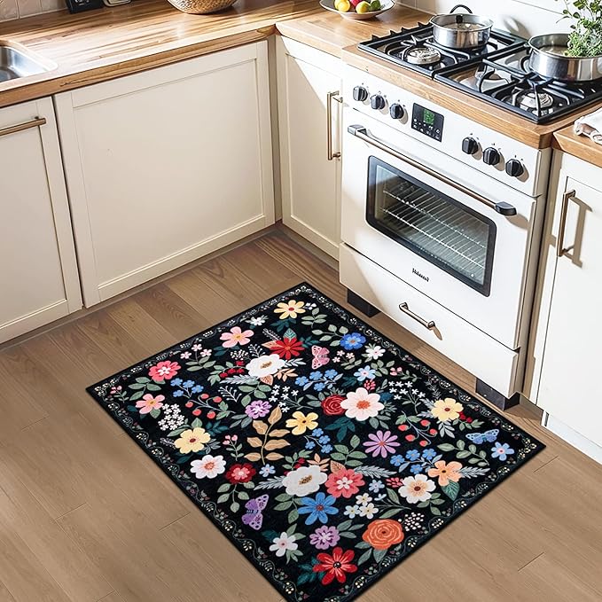 Entryway Rug 2X3 Small Rugs: Floral Washable Door Mat Vintage Soft Low Pile Non-Slip Kitchen Rugs Stain Resistant Indoor Throw Rug for Entrance, Bedroom, Kitchen, Laundry, Bathroom Black