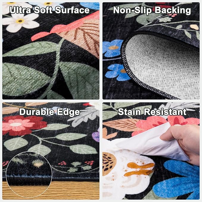 10x12 Area Rugs for Living Room: Floral Washable Rug Vintage Large Soft Boho Non-Slip Carpet Stain Resistant Low Pile Carpets for Bedroom Dining Room Farmhouse Nursery Hallway Home Office Black