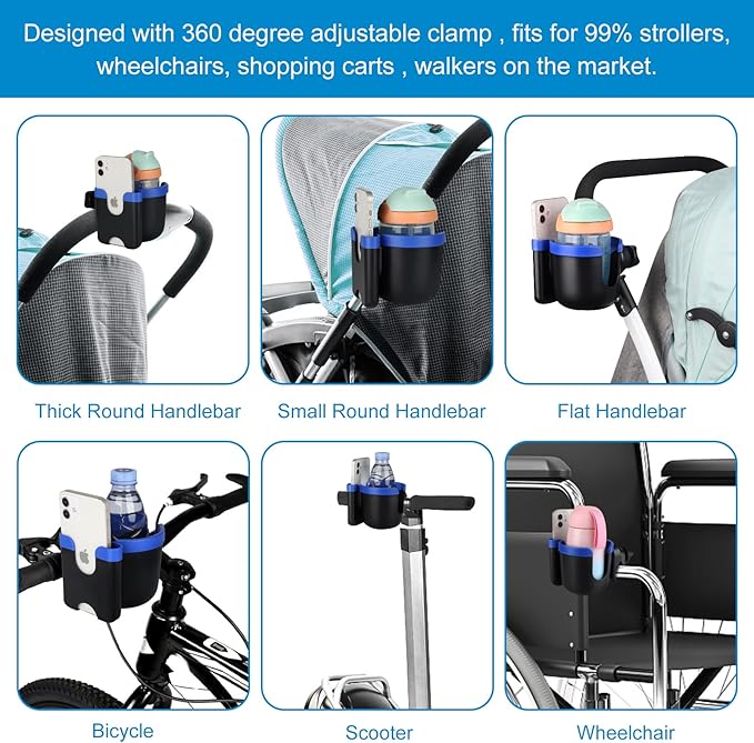 Accmor Stroller Cup Holder with Phone Holder, Bike Cup Holder, Universal Cup Holder for Uppababy Nuna Doona Strollers, 2-in-1 Cup Phone Holder for Stroller, Bike, Wheelchair, Walker, Scooter
