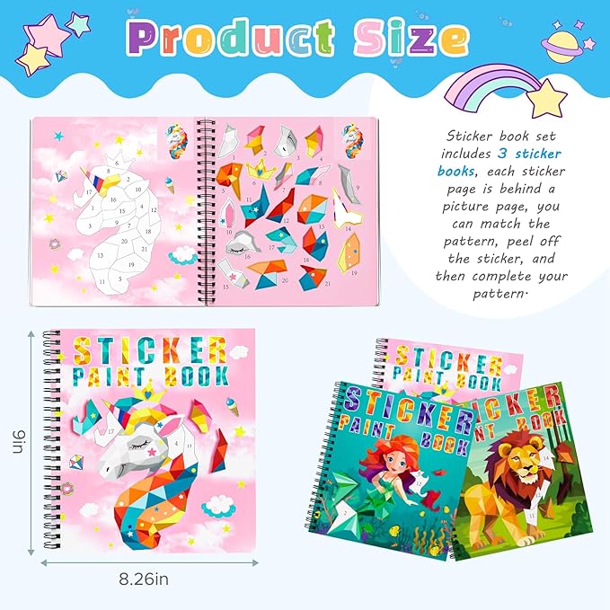homicozy 3PCS Sticker Paint Books for Kids Ages 4-10,Unicorn Mermaid Animals Designs Paint by Stickers,Sticker by Numbers,Party Birthday Gifts for Girls 4-10,Create 30 Pictures One Stickers at A Time