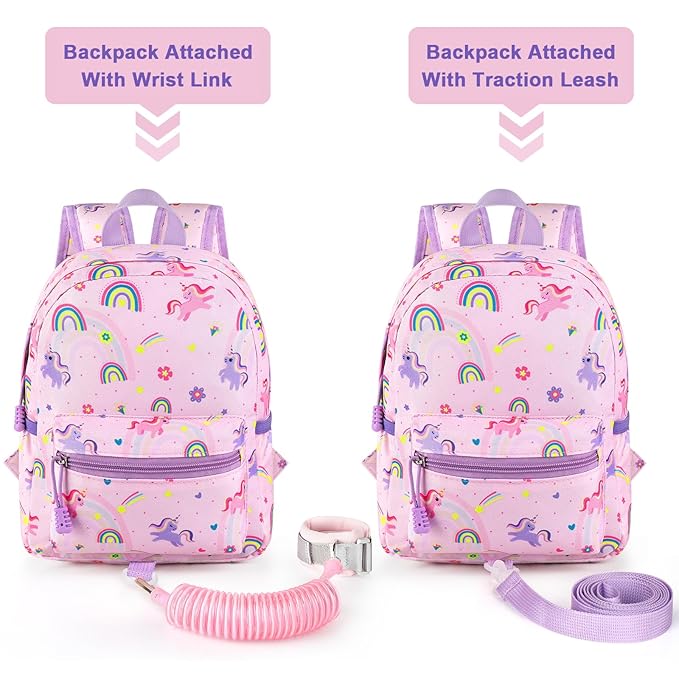 Accmor Toddler Backpack Leash, Cute Unicorn Baby Backpacks with Anti Lost Wrist Link, Mini Kids Backpack Leash Walking Harness for Outdoor Travel, Small Backpack Tether for Boys Girls 1-3 (Pink)