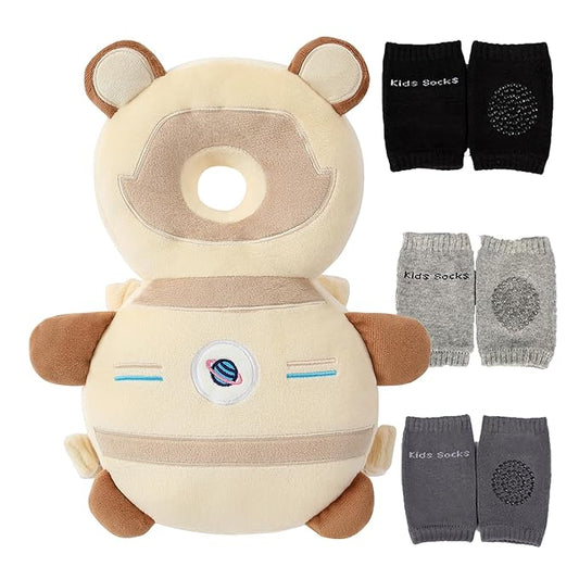 Feidoog Baby Head Protector Cushion Backpack with 3 Knee Pads for Walking & Crawling,Khaki Astronauts