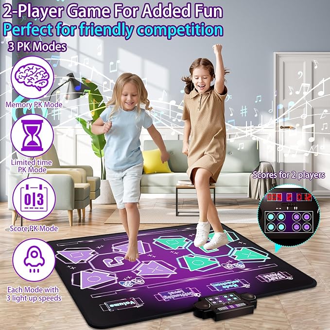 Kids Dance Mat Toys - 2-Player Dance Pad Gifts for Girls Boys Toddlers 3 4 5 6 7 8 9 + Year Old Electronic Dancing Mat Floor Games Toy with Music Light Christmas Birthday Gift (Purple)