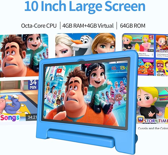 JREN Tablet for Kids｜10 Inch Kids Tablet Android 14｜Octa-core｜64GB｜WiFi ｜Bluetooth｜Parental Control｜Children Content｜Children Toddler Blue