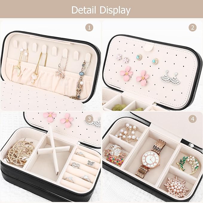 DesignSter Small Travel Jewelry Box with Double Zipper, 2 Layers PU Portable Jewelry Case for Women and Girls,Travel Jewelry Organizer for Rings, Earrings, Necklaces, Bracelets,Black
