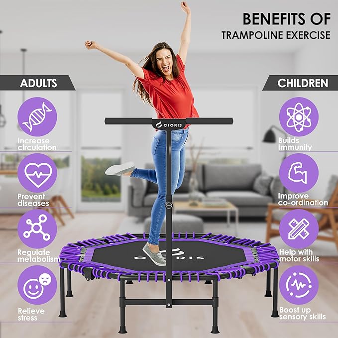 CLORIS 38in/48in Folding Trampoline - Max Load 220lbs / 450lbs Mini Trampoline Rebounder Trampoline for Adults with Adjustable Foam Handle, with safty Padded Cover Best Gift for Kids/Adult