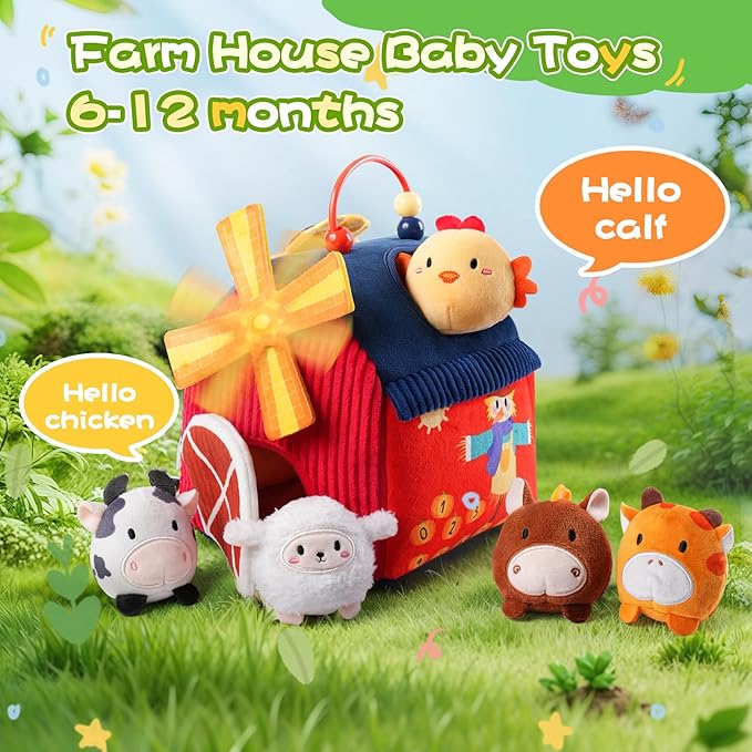 Baby Toys 6-12 Months, Montessori Sensory Toys, My First Farm House Toy with 6 Stuffed Animals,Rotating Windmill & Sunflower Crinkle, Rattle, Fun Mirror Fine Motor Skills Development,Baby Gift
