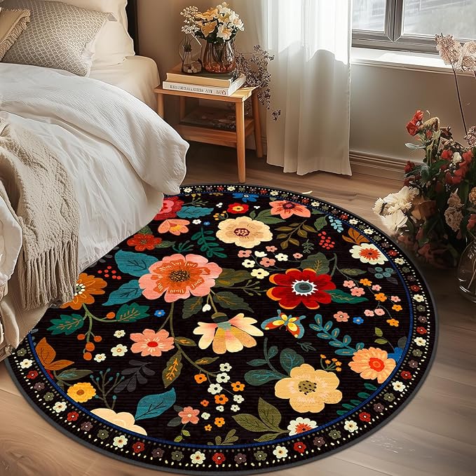 Floral 8ft Area Rug Machine Washable Soft Print Boho Carpet Non Slip Doormat Low Pile Flower Area Rugs for Living Room Bedroom Nursery Kitchen Dining Room Indoor-Black