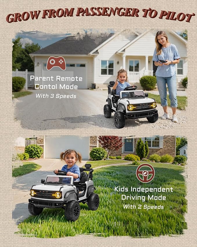 Ford Bronco Raptor 12V Toddler Ride on Toys, Safe Kids Ride on Truck with Remote Control, Children Electric Cars with 4 Wheels Suspension, Radio, Music, Bluetooth (12V, White)