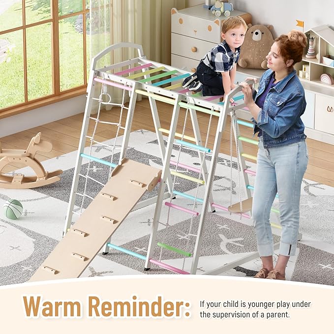 JAXPETY 9-in-1 Indoor Playground, Indoor Jungle Gym for Kids, Toddler Montessori Climbing Gym, Inside Play Gym with Slide, Swing, Monkey Bar, Ladder, Rings