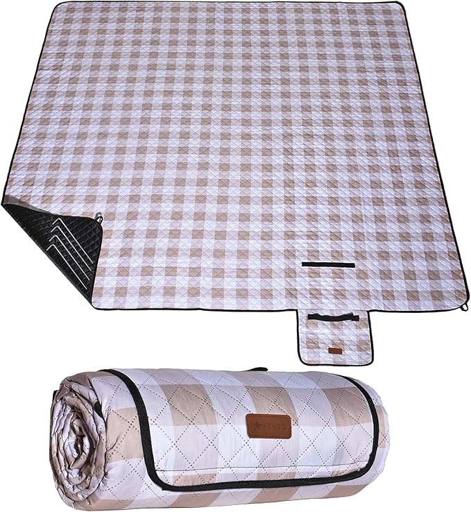 HX&OD Outdoor Picnic Blanket, Extra Large, 80''x60'' Waterproof Foldable Blankets Gingham Picnic Mat for Beach, Camping Grass Lawn Park Accessories Cute Couple Ideas Wedding (Light Brown, 80”x60”)