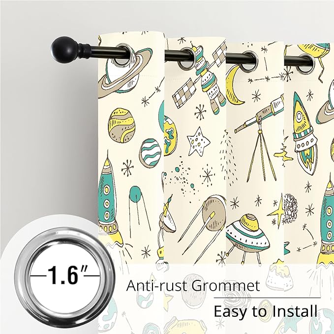 Kids Space UFO and Rocket Blackout Curtains - 100% Blackout, Thermal Insulated, Noise Reducing, Perfect for Kids Room and Nursery, 2 Panels (Space Explorer Sketchbook, W52×L84)