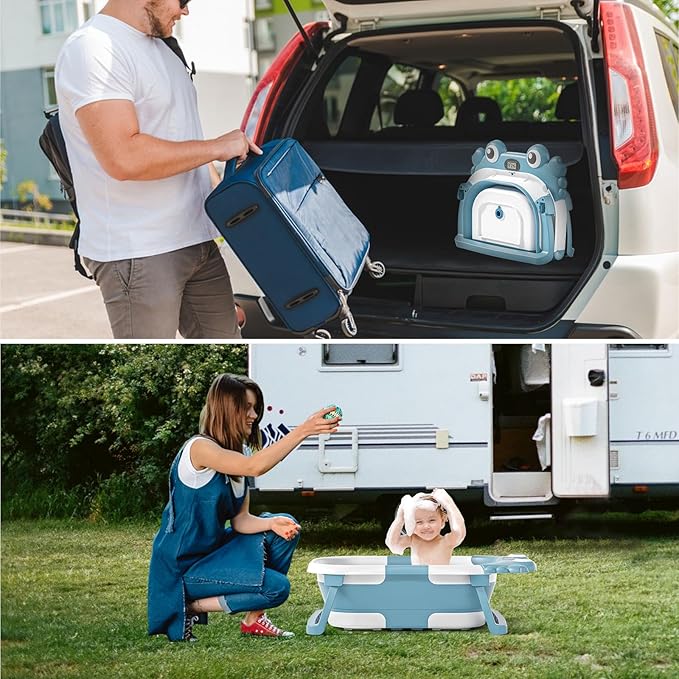 Collapsible Baby Bathtub for Newborns to Toddler with Real-time Temp Monitor & Floating Cushion,Portable Travel Tub for 0-36 Month, Foldable Baby Bath Tub for Infants Boy (Light Blue)