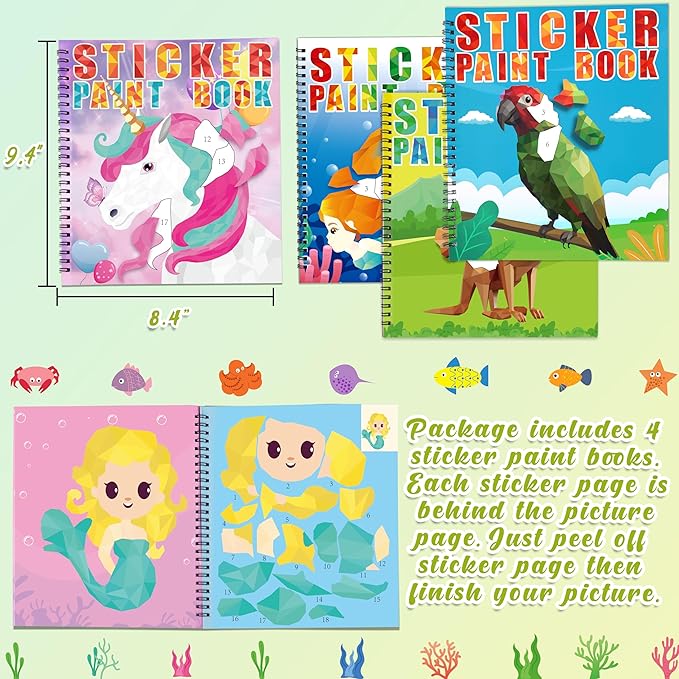 90shine 4PCS Sticker Books for Kids Ages 4-8 Sea-Maid Horned Horse Zoo Pet Themed Designs Party Gift Create 44 Pictures