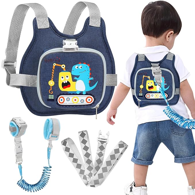 Accmor Toddler Harness Leash+ Reflective Anti Lost Wrist Link, Cute Dinosaur Kids Harness with Leash, Collapsible Child Leash Baby Boys Walking Wristband Assistant Strap Belt for Outdoor Travel
