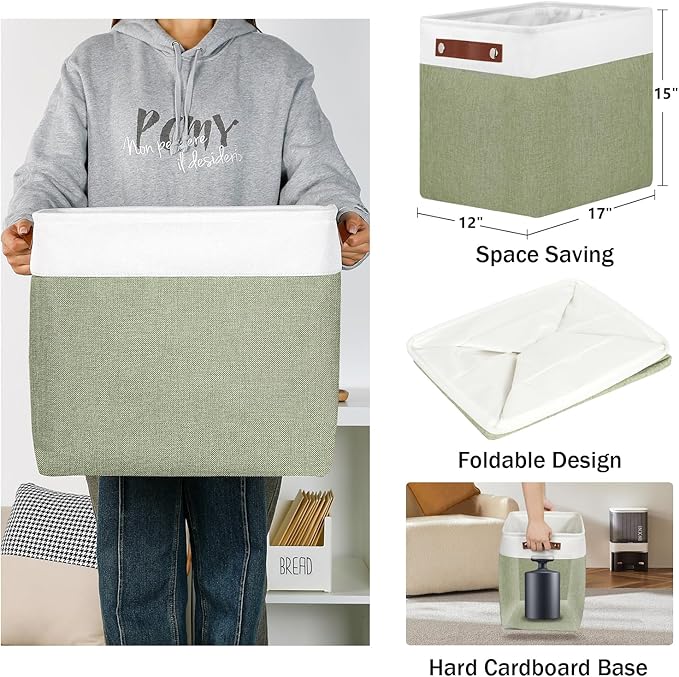 DULLEMELO Extra Large Storage Baskets, 17"x12"x15" Fabric Storage Bins for Organizing Shelves Nursery Toys Books, Collapsible Storage Baskets Rectangular Canvas Bins with Handles, White&Green, 2-Pack