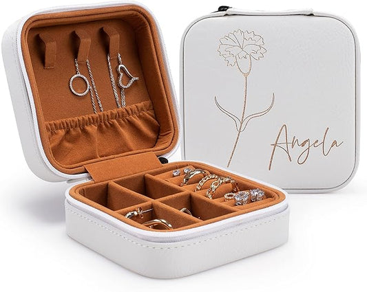 Custom Leather Jewelry Box w/Name & Birth Flower Month - Birthday Gifts for Women, Personalized Jewelry Travel Case - Customized Jewelry Organizer Box, Mom Birthday Gifts - White