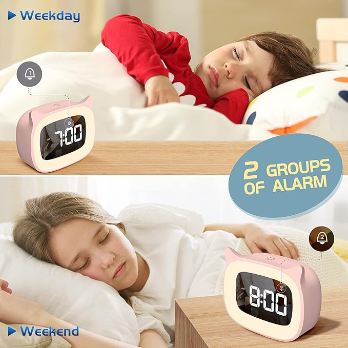 Kids Alarm Clock with Night Light & 18 Ringtones,Rechargeable,Cute Cat Ear Clock for Boys Girls Birthday Presents,Digital Clock for Children's Bedroom(Pink)