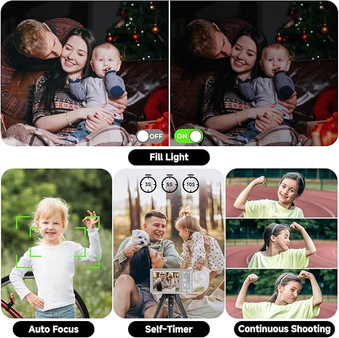 Digital Camera, FHD 4K 44MP Digital Camera, 16X Digital Zoom, Digital Point and Shoot Camera with 3-LED Fill Lights, 64GB SD Card, Compact Camera for Kids Teen Boys Girls, Sliver