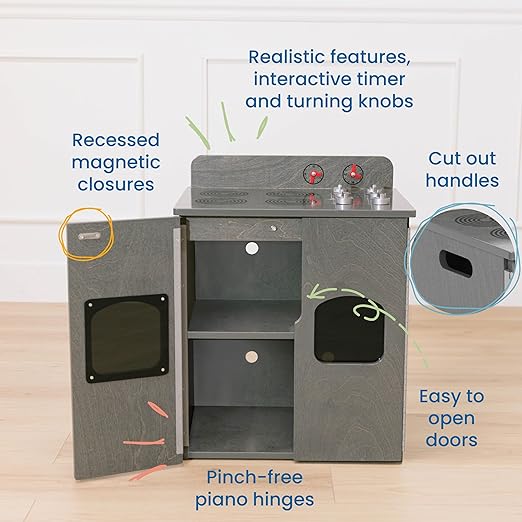 ECR4Kids Play Kitchen Stove, Wooden Playset, Grey Wash