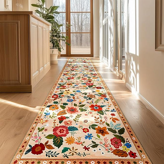 Floral 2x10 Area Rug Machine Washable Soft Print Boho Carpet Non Slip Doormat Low Pile Flower Area Rugs for Living Room Bedroom Nursery Kitchen Dining Room Indoor-Light Orange