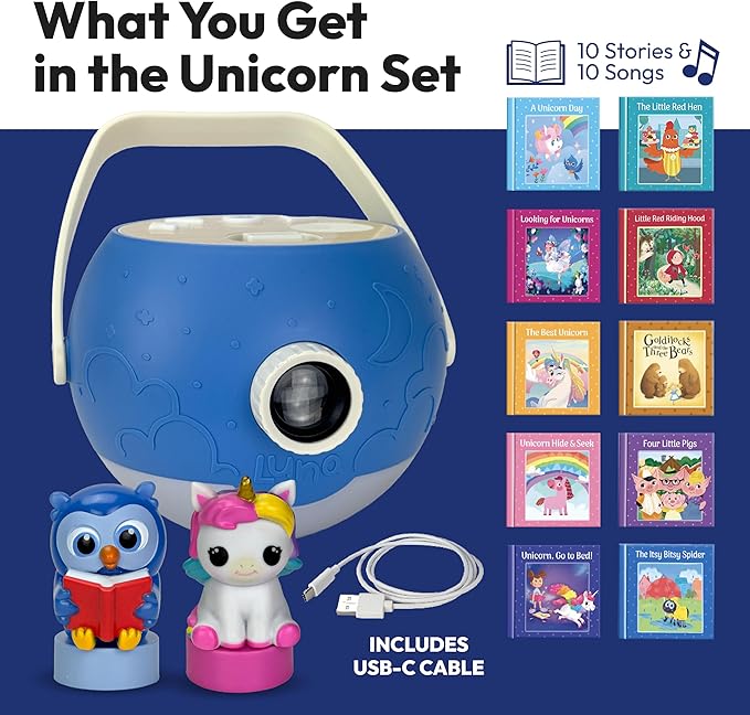 Kids Book Projector - 5 Unicorn & 5 Classic Read-Aloud Stories, 10 Songs, Night Light & Soothing Dream Music | Children Ages 3+ Storytime Projector for Kids & Toddlers | Owl & Unicorn