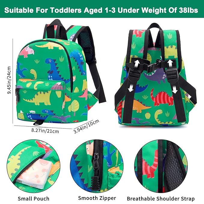 Accmor Toddler Backpack Leash with Anti Lost Wrist Link, Cute Mini Child Walking Harnesses Keep Kids Close Back Pack Rope Tether Rein for Baby Boys (Green/Dino)