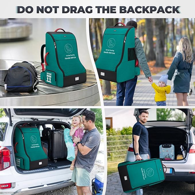 RAINSMORE Padded Car Seat Travel Bag for Airplane Heavy Duty Car Seat Backpack for Air Travel Baby Carseat Cover Bags for Airport Large Car Seats Carrier Fits Car Seats & Booster Seats, Green