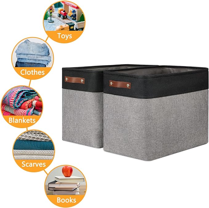 DULLEMELO Extra Large Storage Baskets, Fabric Storage Bins for Organizing Shelves Nursery Toys Books, Closet Baskets and Bins with Handles, Black&Grey, 2-Pack