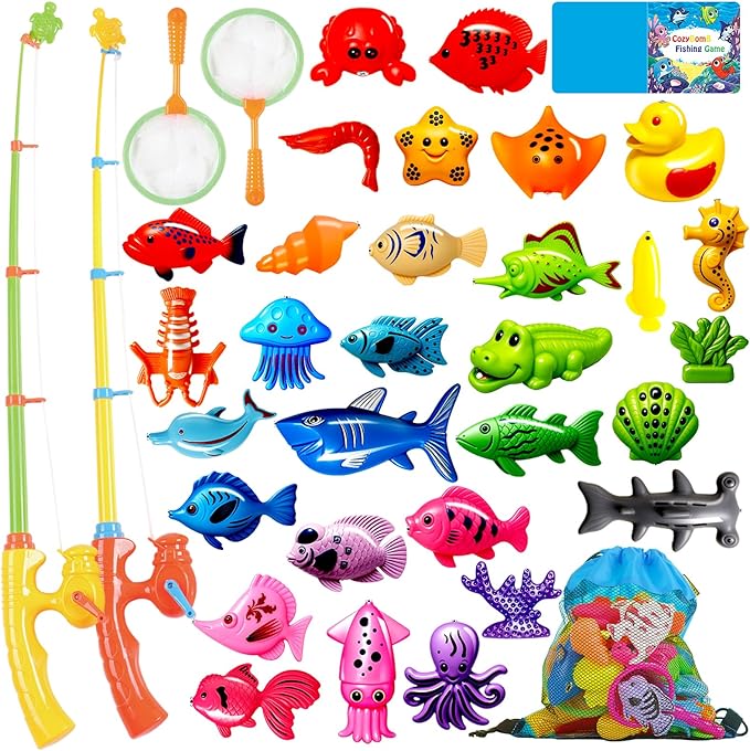 CozyBomB™ Magnetic Fishing Toys Game Set for Kids | Water Table Bathtub Kiddie Pool Party & Pole Rod Net, Plastic Floating Fish Toddler Color Ocean Sea Animals Birthday Age 3 4 5 6 Year