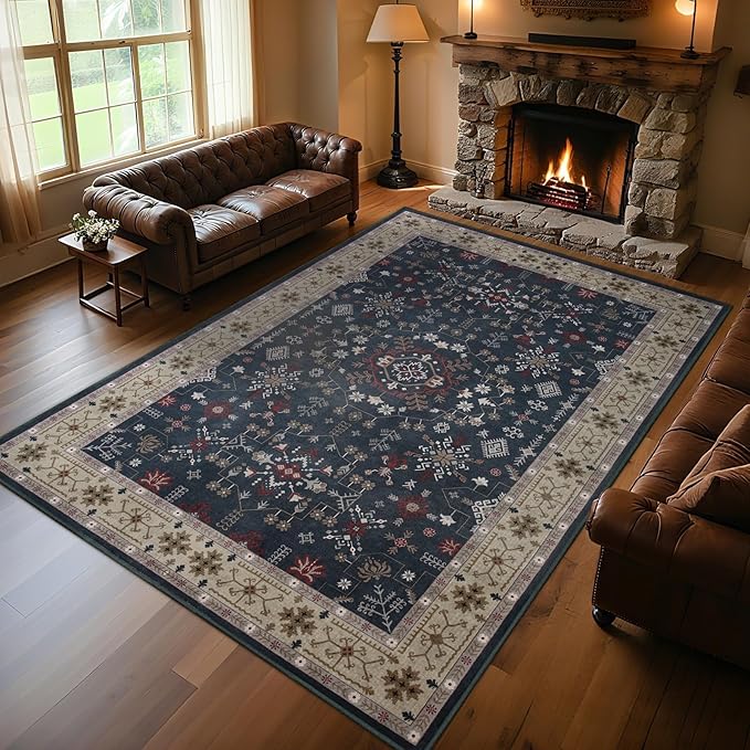 6x9 Washable Blue Area Rug for Living Room Bedroom, Boho Dining Room Rugs for Under Table, Large Low Pile Non-Slip Vintage Print Carpets for Farmhouse, Office, Dorm