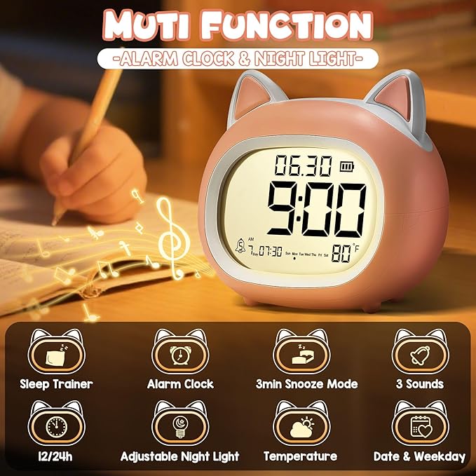 Kids Alarm Clock with Night Light for Kids, Small Digital Alarm Clocks for Bedrooms, Routine Builder, Cute Cat Alarm Clock with Sleep Training, Snooze, 12/24H, Date & Day, Temperature, USB Port