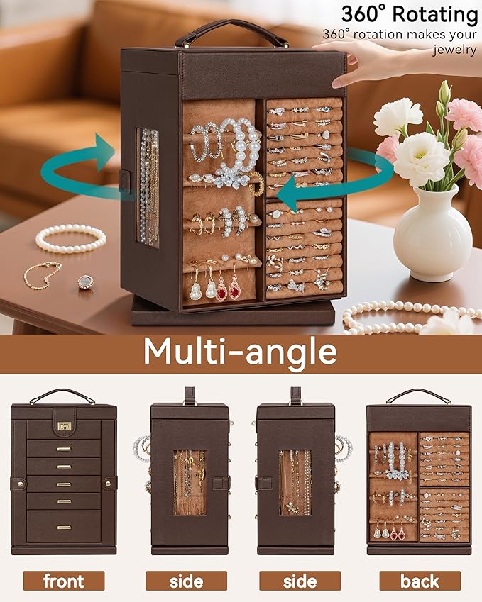 AKOZLIN 360° Rotating Jewelry Box 6-Tier Organizer Functional 360° Rotating Jewelry Storage Case for Women Girls Ring Necklace Earring Bracelet Holder with Mirror Brown