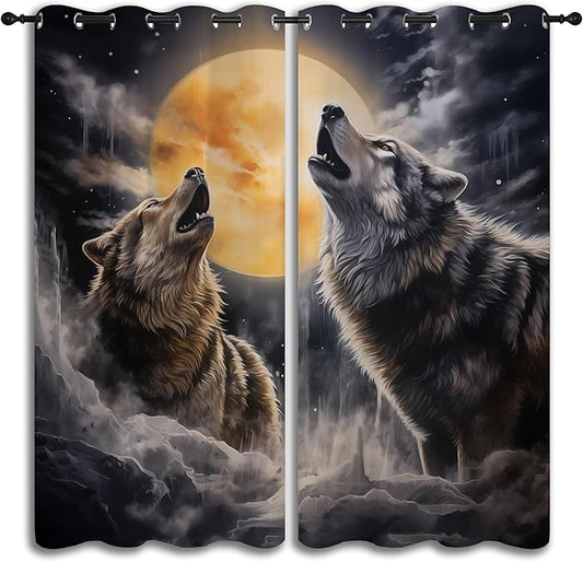 Fantasy Wolf Blackout Curtains for Boys Girl Bedroom Decor,Full Moon Starry Sky Wildlife Retro Thermal Insulated Grommet Drapes Darkening Window Curtain for Living Room Home 84x63 inch