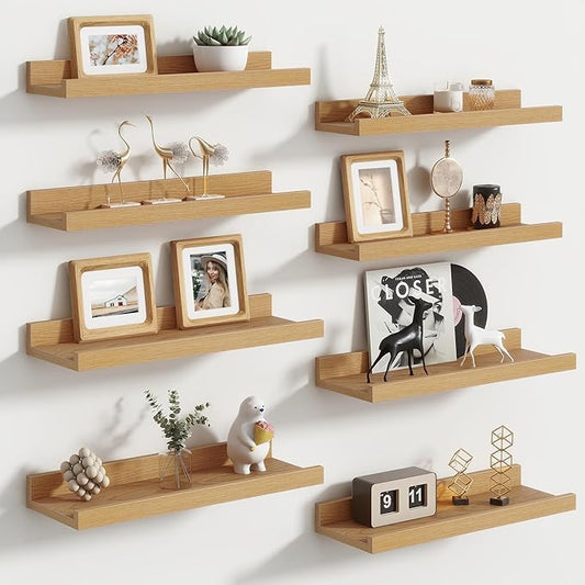 Floating Picture Ledge Shelves for Wall Set of 8, 16 Inch Wall Shelves with Lip Long Large Nursery Book Shelf for Toys Storage Kids Bookshelf Wall Mounted Living Room Bedroom Decor Frames