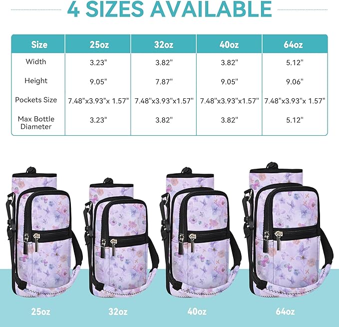 25/32/40/64oz Water Bottle Bag Holder Carrier-Insulated Crossbody Sling Case Sleeve with Strap & Pockets for Men Women Gym Cycling Travel Walking Hiking Camping