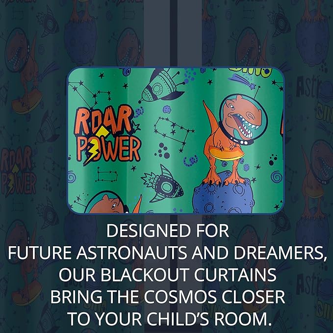 Kids Space Dinosaur Blackout Curtains - 100% Blackout, Thermal Insulated, Noise Reducing, Perfect for Kids Room and Nursery, 2 Panels (Roar Power Dino, W52×L84)